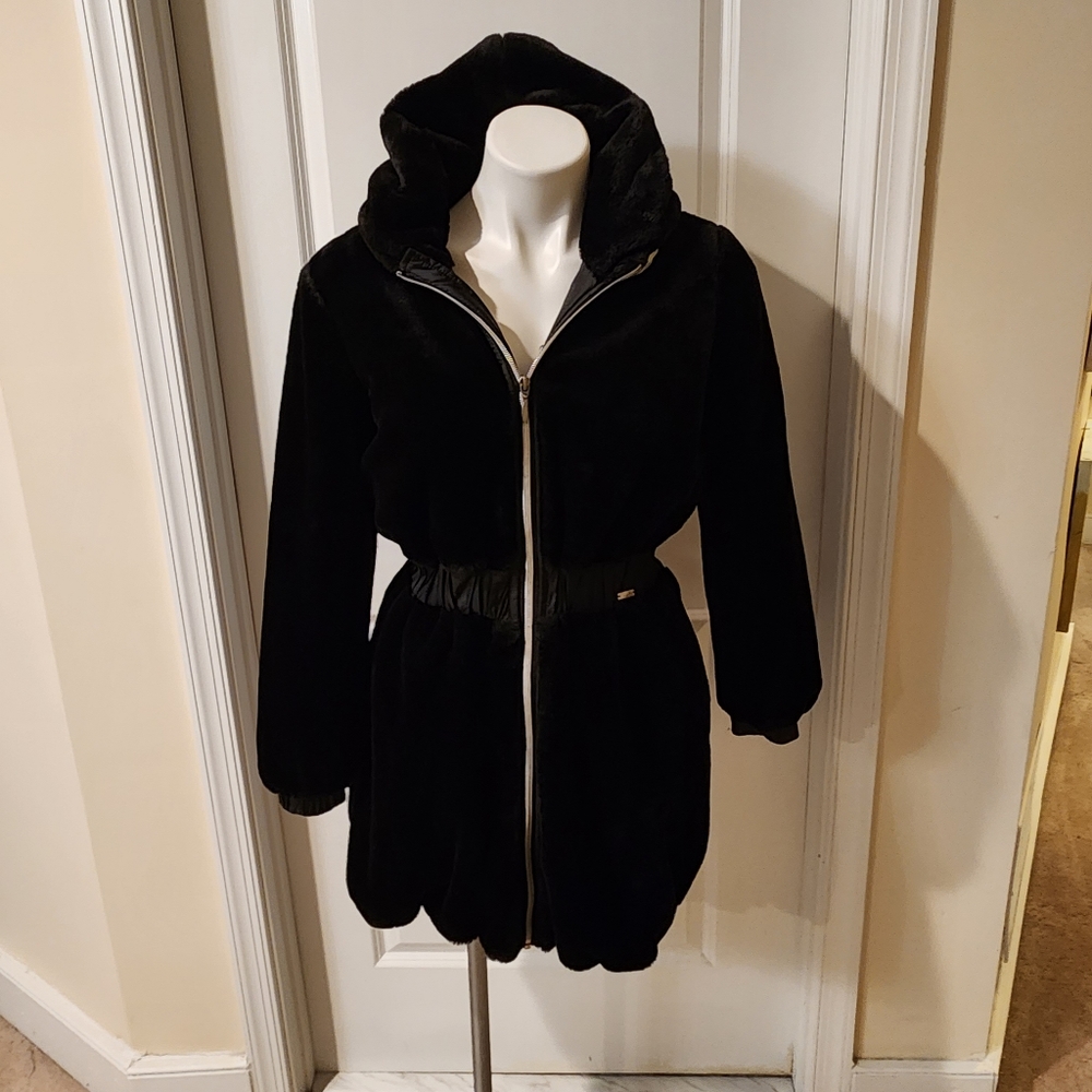 Junior Gaultier faux fur coat size 14A with hood that is silver on one side.